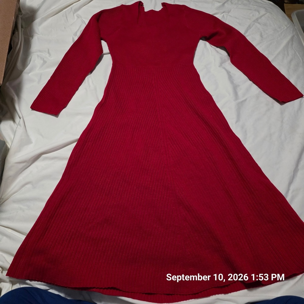 Red Ribbed Knit Square Neck Long Sleeve A-Line Midi Sweater Dress Large